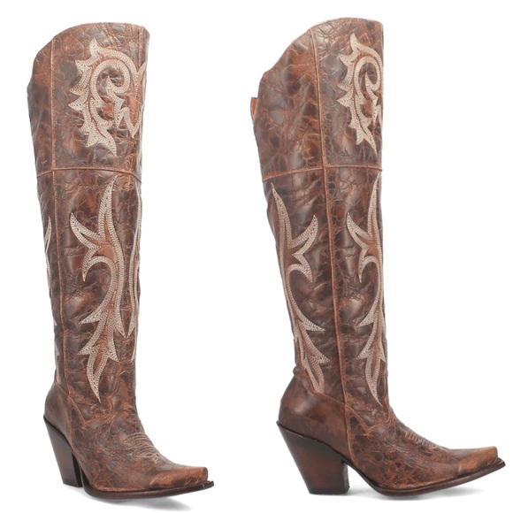 NEW DAN POST JILTED BOOTS EMBROIDERED OTK OVER THE KNEE DISTRESSED BROWN LEATHER - Picture 1 of 16